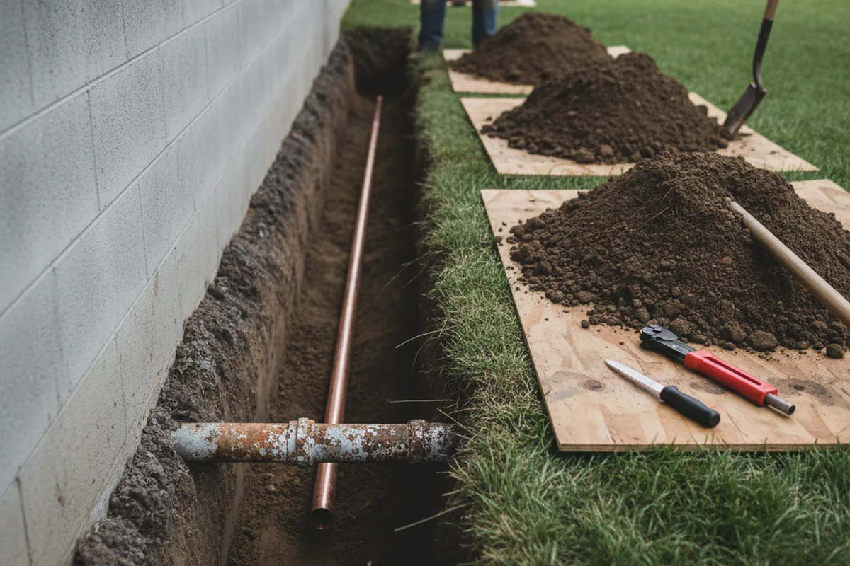 Excavated water line trench during Water Heater Repair in Ravenna